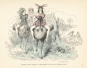 Women in animal skins and feathers riding ostriches and swans by Alfred Grevin