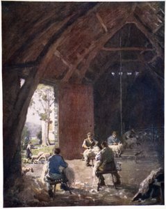 Sheepshearing, Esthwaite Hall Farm, from a portfolio of prints from the original watercolours by Alfred Heaton Cooper