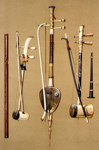 A khlui, three so sam sai with bows and a pi, Thai instruments from 