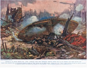 Captain A.M. Inglis brings his tank forward over very difficult ground after one of its wheels had been blown off, illustration from 