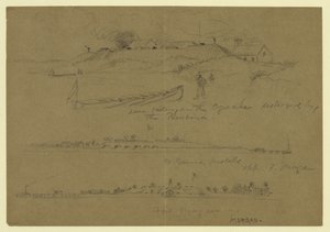 Three scenes of military facilities - lower battery on the Ogeechee destroyed by the Pembina by Alfred Rudolph Waud
