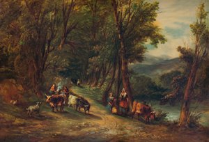 Cattle and Figures in Wooded Valley with Stream by Alfred Vickers