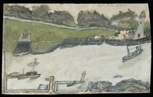 Harbour scene with castle and lighthouse by Alfred Wallis