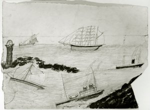 Three sailing ships, two steamships and Godrevy Lighthouse, c.1935-38 by Alfred Wallis