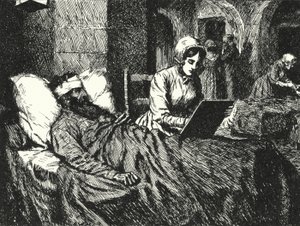 English nurse Florence Nightingale writing a letter for a soldier wounded in the Crimean War at the hospital of Scutari, 1855