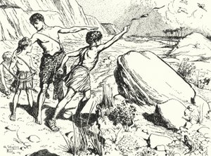 Hannibal and his brothers learning to throw stones with a sling by Alfred Wallis Mills