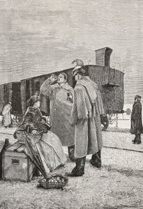 Five Minutes Stop, Two Men Standing at a Train Stop Drinking and Eating, Engraving from a Painting by Alfredo Luxoro (1859-1918), from L