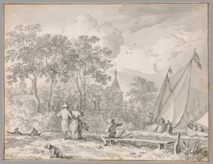 Landscape with Elegant Figures by a River, with Boats to the Right and a Town Behind Trees Beyond by Allaert van Everdingen