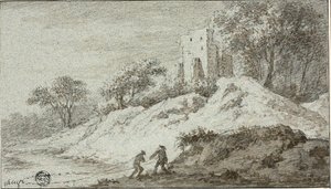 Landscape with Two Figures and Castle on Hill by Allaert van Everdingen