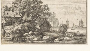 River landscape with two rowing boats, Rocky landscape by the sea by Allaert van Everdingen