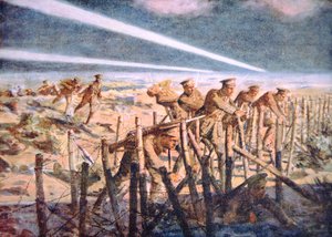 British soldiers cutting German barbed wire defences at night on the Western Front