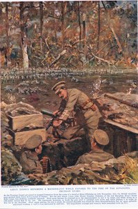Lieutenant Dimmer repairing a machine-gun while exposed to the fire of the advancing Prussian Guard, illustration from 