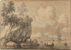 Figures in Rowing Boats in a Rocky Cove, Sailing Ships Beyond by Allart van Everdingen