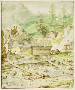 Nordic Landscape with Wooden Hut and Weir