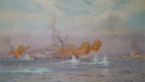 H.M.S. Albion commanded by Capt. A. Walker-Heneage completing the destruction of the outer forts of the Dardanelles in 1915, 1925