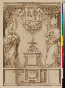 Design for a title page with two saints on pedestals and an imaginary Spanish coat of arms, 17th century by Alonso Cano