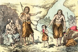 A family at the era of reindeer (Prehistory). Drawing A. Demarle. 1885