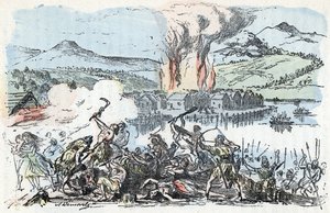 Prehistory: scene of war at the beginning of the iron age, fire of the stilt-house settlements Engraving from 
