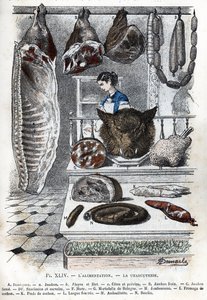 View of a cold cuts A half pork (a ham b aloyau c sides and breast) B fresh ham C smoked ham D sausages and cerevelas F hure G mortadelle de bologna H ham I pig cheese K pig feet L tongue stuffed M andouillette N boudin) (delicatessen, traditional french p by Alphonse Demarle