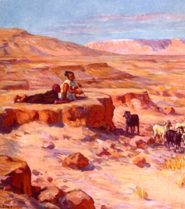 Two Arab Nomad children playing a flute while watching goats in the desert