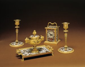 Napoleon III four-piece desk set, marquetry by Duvinage and Harinckouk