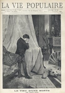 A man weeps, hiding his tears and his face in a handkerchief, standing behind the canopy of a bed, in a richly decorated bedroom, with bear skin, embroidered cushions, fan and various vases and candlesticks. Illustration by Alfons Maria Mucha by Alphonse Mucha