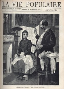 A Sick Young Woman Holding a Piggy Bank in Her Hand Facing a Doctor by Alphonse Mucha