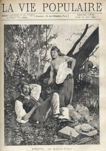 A young woman, disheveled, partially nude, with an exposed chest, leans with confidence and fun towards a painter lying, sleeping in the middle of nature, jacket, hat, material, and pipe scattered on the floor. Illustration by Alfons Maria Mucha