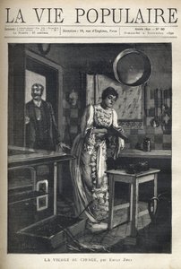 An elegant woman waxes a shoe in the kitchen of a house. A man opens the door behind her. Illustration by Alfons Maria Mucha