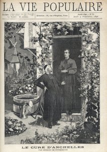 At the entrance of the presbytery, a treatment is directed to a younger person. The garden is very blossomed, equipped with a tank and a watering can, at the bottom you can see the bell tower of the village. Illustration by Alfons Maria Mucha by Alphonse Mucha