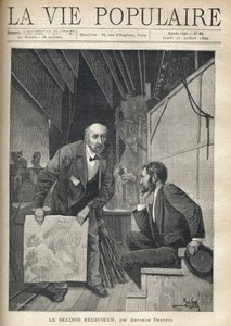 Behind the stage of a theatre, crowded with props and sets, the actors coming out of the stage, a man between two ages addresses a young man sitting, thoughtful, while waving a sheet of sheet, in order to make it vibrate to produce the sound of the storm by Alphonse Mucha