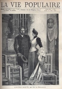 In a church, a beautiful and elegant couple stand up among candles and pray to God. Illustration by Alfons Maria Mucha