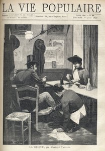 In a restaurant, a man and a woman are separate and have dinner. The service boy is crouching near the man, installing a hot brick under his feet. Illustration by Alfons Maria Mucha (Alphonse Marie Mucha) by Alphonse Mucha