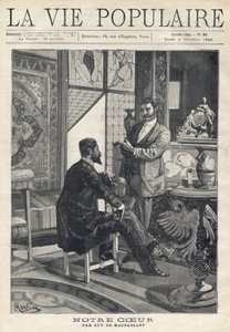 Two men, one sitting and the other standing, face each other and are in full conversation, smoking cigarettes in a richly decorated living room (stained glass windows, furniture, art objects). Illustration by Alfons Maria Mucha (Alphonse Marie Mucha)