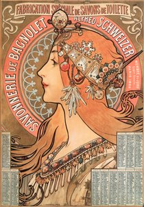 Calendar page of the year 1898 decorated with an advertising illustration for the soap company Savonnerie de Bagnolet Alfred Schweizer by Alphonse Mucha