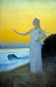 Anthem to the Sea: Young Woman Holding a Lyre Facing the Sea, Evoking the Greek Poetess Sappho by Alphonse Osbert