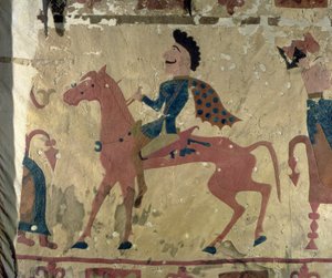 Carpet depicting a mounted warrior, from the Pazyryk Burial Mounds, 5th-4th century BC