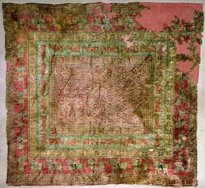 Pile Carpet depicting horses, riders, fallow deer and griffins, from Pazyryk burial mounds