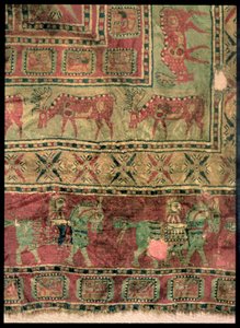 Pile carpet depicting horses and riders, fallow deer and griffins, from the Pazyryk Burial Mounds, 5th-4th century BC