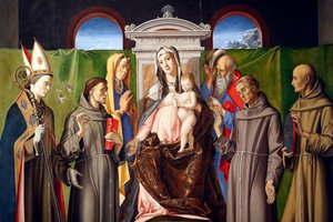 Madonna and Child Enthroned with Saints Louis of Toulouse, Anthony of Padua, Anne, Joachim, Francis, and Bernardino of Siena