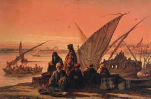 Boats on the Nile River, near the pyramids