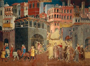 Effects of good government in city, detail from Allegory and effects of good and bad government in town and country