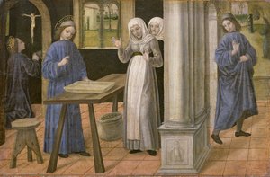 The Prayer, The Miracle of the Sieve and the Departure for Subiaco, predella panel from an altarpiece depicting Scenes from the Life of St. Benedict, 1488-95 by Ambrogio da Fossano