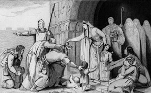 Queen Bathild (626 or 627 to 680) gives money to the poor - Bathilde (wife of Clovis II) abolishes a tribute that the Gauls paid by head, finding that some parents too poor to pay let their newborns die - Chelles Abbey - Engraving by Ambroise Tardieu