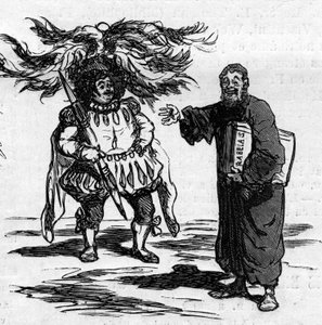 Joy of Rabelais seeing Gustave Dore fully identifies with the men of his writing. Cartoon of Cham. Engraving in Le Monde Illustré n°821 of January 4 by Amédée de Noé