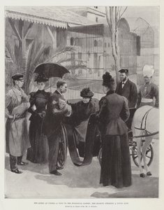 The Queen at Cimiez, a Visit to the Zoological Garden, Her Majesty Stroking a Young Lion by Amedee Forestier