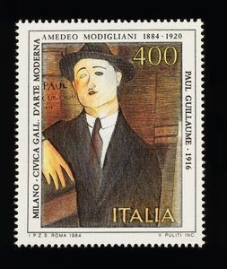 Postage Stamp from Italian Arts Series Honoring Amedeo Modigliani, Depicting Portrait of Paul Guillaume (1916), 400-lire Stamp