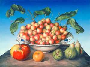 Cherries in Delft bowl with red and yellow apple