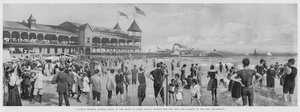 A Sunday Morning Bathing Scene on the Beach at Coney Island, showing the New Iron Pier Landing of the Iron Steamboats by American Photographer