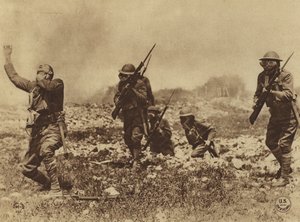 America in World War I: Danger from gas attacks was impressed on our men by every means in order to enforce obedience to the army orders concerning the carrying and wearing of gas masks by American Photographer
